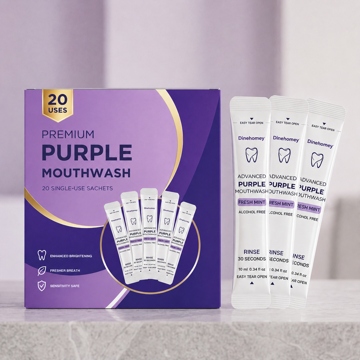 Dinehomey Purple Brightening Mouthwash | 30-Second Yellow Neutralizing & Fresh Breath