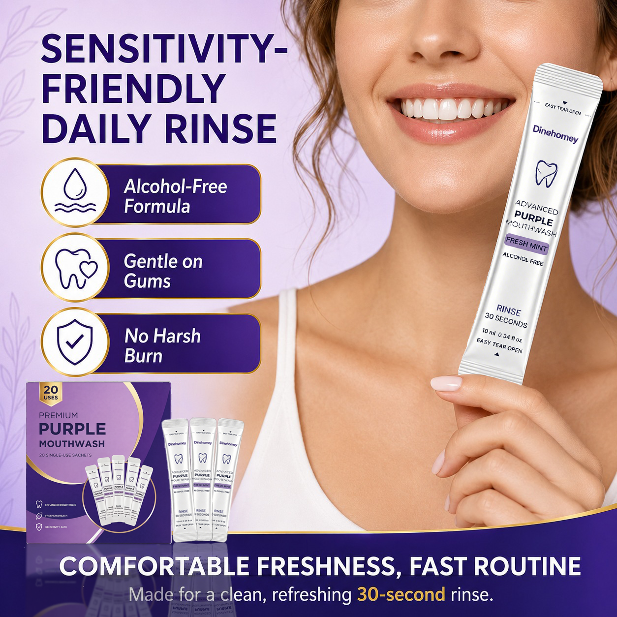 Dinehomey Purple Brightening Mouthwash | 30-Second Yellow Neutralizing & Fresh Breath