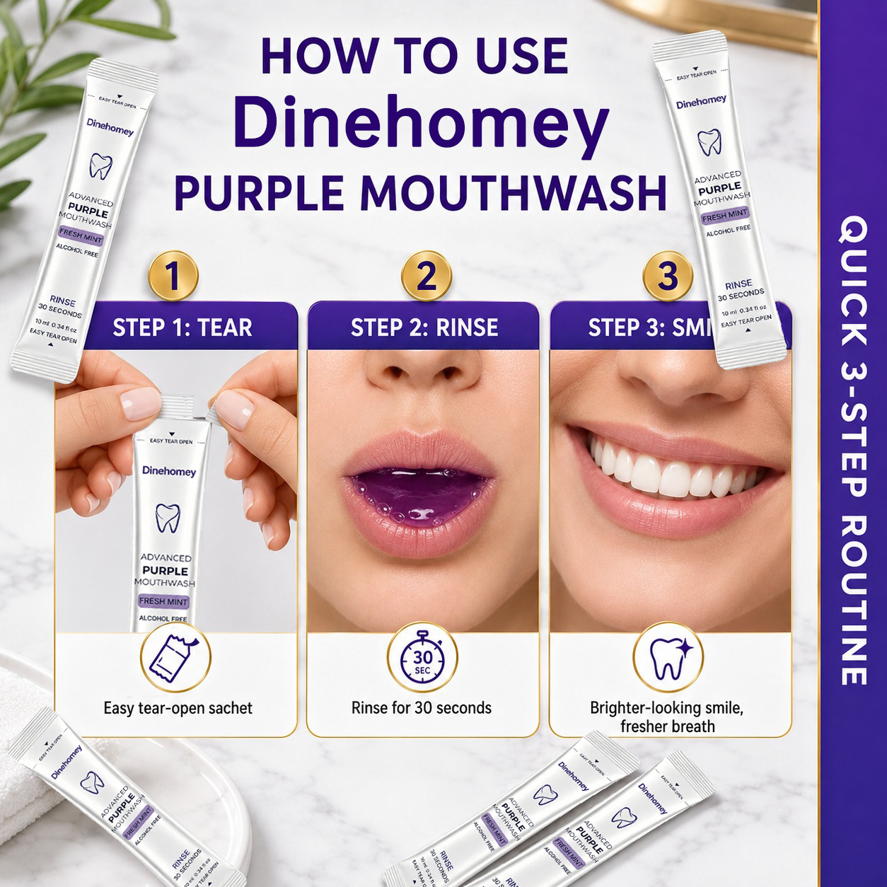 Dinehomey Purple Brightening Mouthwash | 30-Second Yellow Neutralizing & Fresh Breath